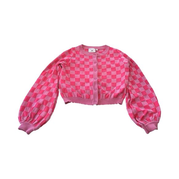 Daisy Street Boxy Cropped Cardigan In Pink Checkerboard Knit Woman’s Large - Picture 1 of 4